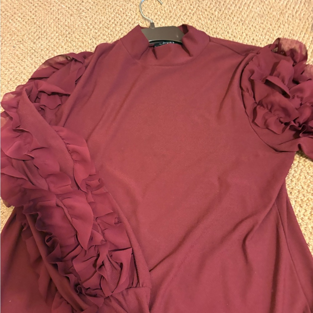 Elegant Burgundy Ruffle Sleeve Shirt